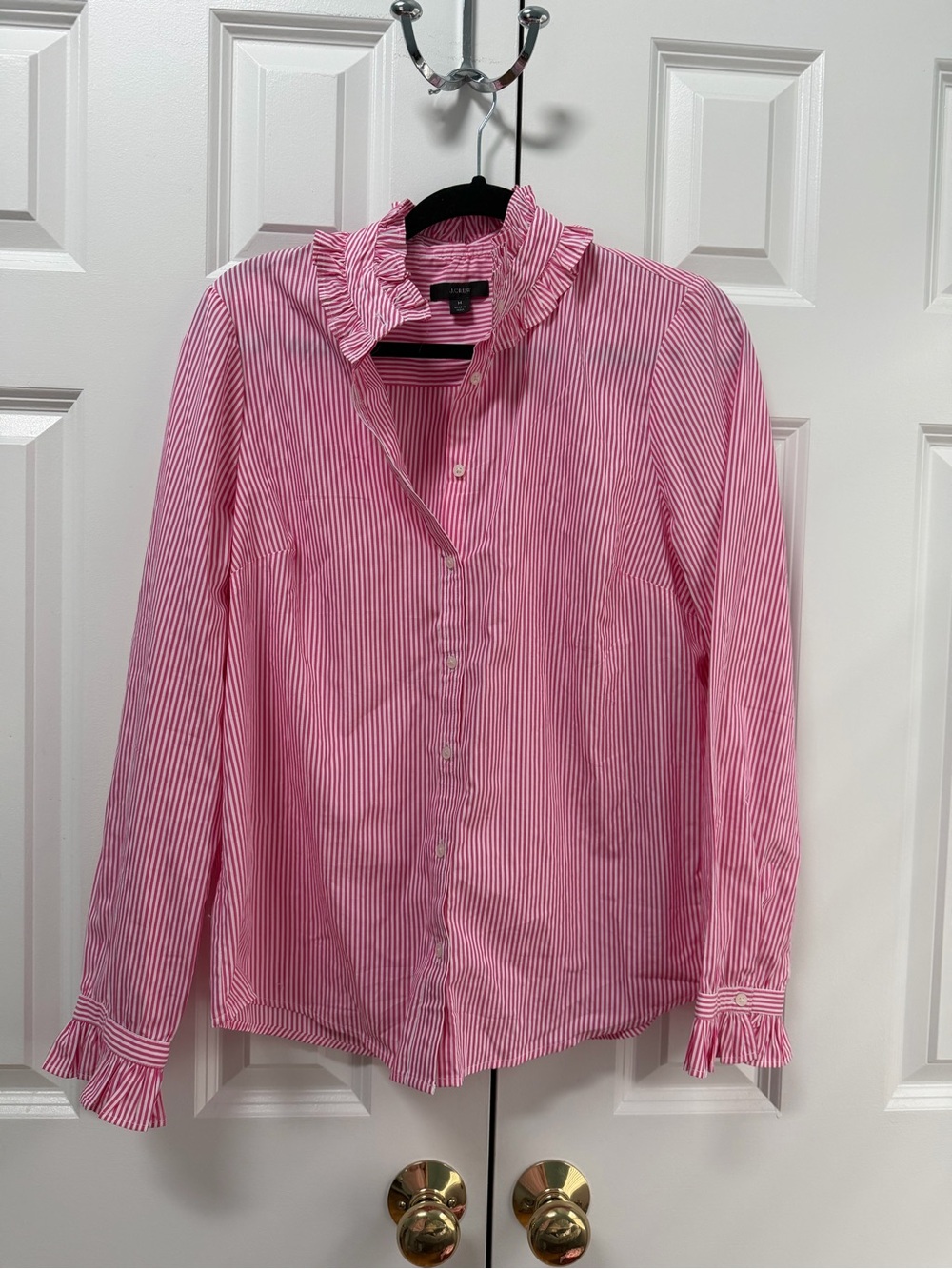 J. Crew Pink and White Striped Ruffle-Collar Button Blouse